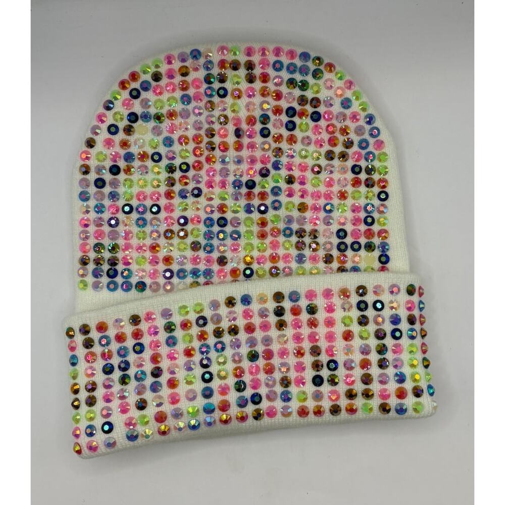 Multicolor Rhinestone Crystal Embellished Ivory Cuffed Knit Beanie Hat